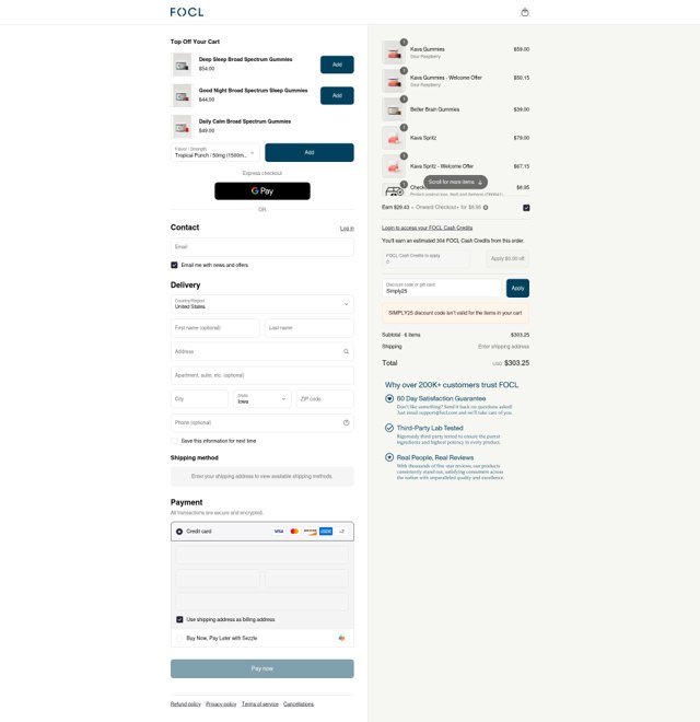 FOCL CBD checkout page showing FOCL CBD promo code box | Screenshot taken by SimplyCodes community member on Sep 4, 2025
