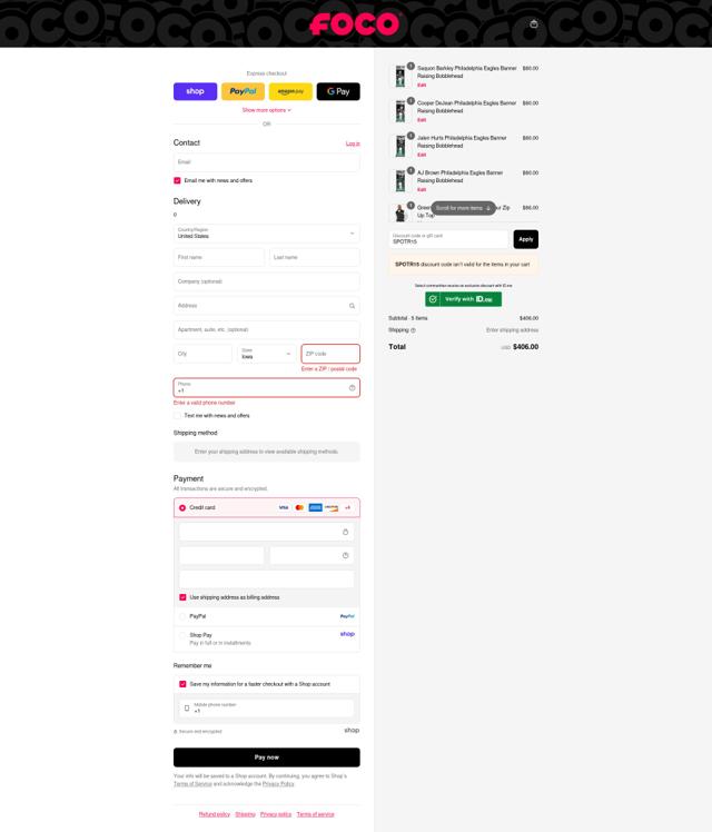 Foco checkout page showing Foco discount code box | Screenshot taken by SimplyCodes community member on Sep 8, 2025
