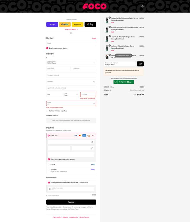 Foco checkout page showing Foco discount code box | Screenshot taken by SimplyCodes community member on Sep 8, 2025