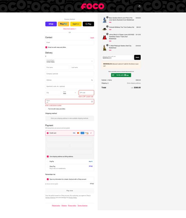 Foco checkout page showing Foco discount code box | Screenshot taken by SimplyCodes community member on Sep 4, 2025
