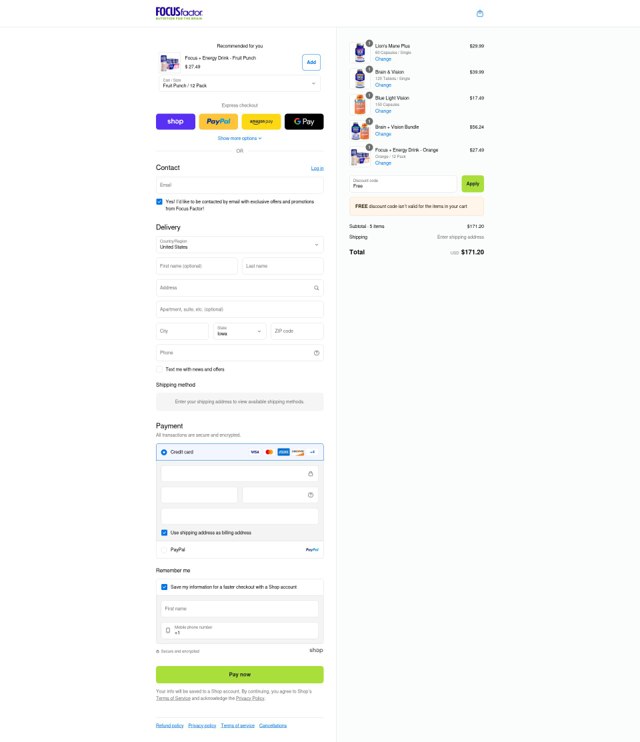 Focus Factor checkout page showing Focus Factor promo code box | Screenshot taken by SimplyCodes community member on Sep 5, 2025