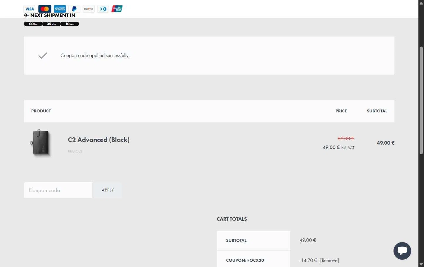 FOCX Wallet checkout page showing FOCX Wallet promo code box | Screenshot taken by SimplyCodes community member on Dec 22, 2025