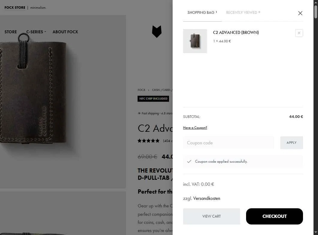 FOCX Wallet checkout page showing FOCX Wallet promo code box | Screenshot taken by SimplyCodes community member on Dec 12, 2025