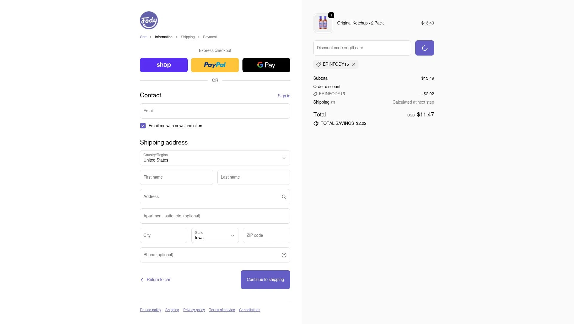 Fody Foods checkout page showing Fody Foods promo code box | Screenshot taken by SimplyCodes community member on Feb 6, 2026