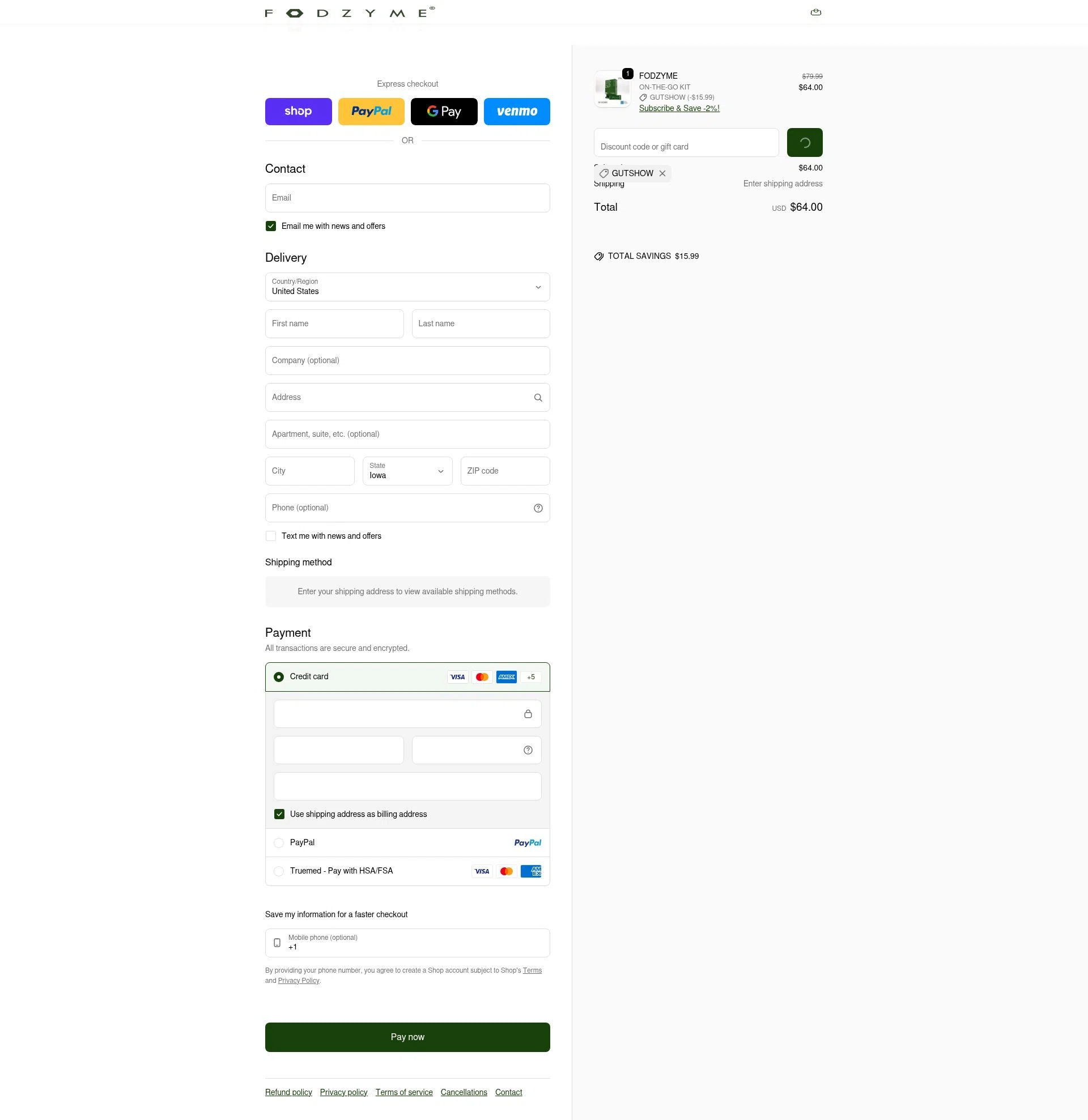 FODZYME checkout page showing FODZYME promo code box | Screenshot taken by SimplyCodes community member on Feb 12, 2026