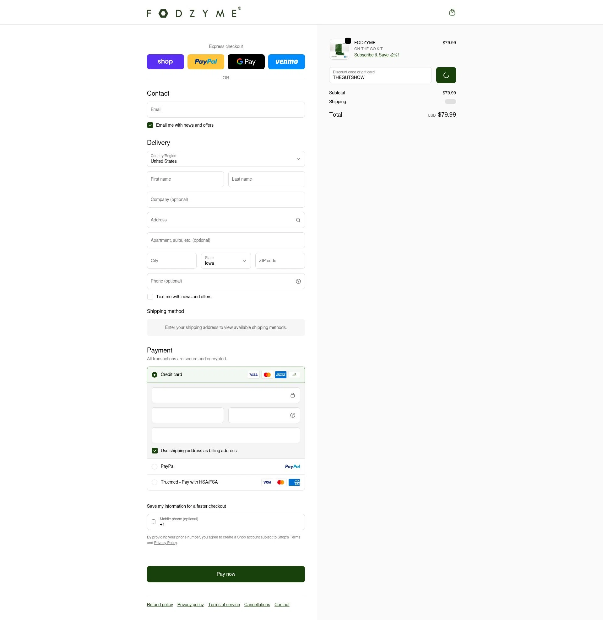 FODZYME checkout page showing FODZYME promo code box | Screenshot taken by SimplyCodes community member on Feb 12, 2026