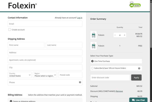 Folexin checkout page showing Folexin discount code box | Screenshot taken by SimplyCodes community member on May 20, 2025