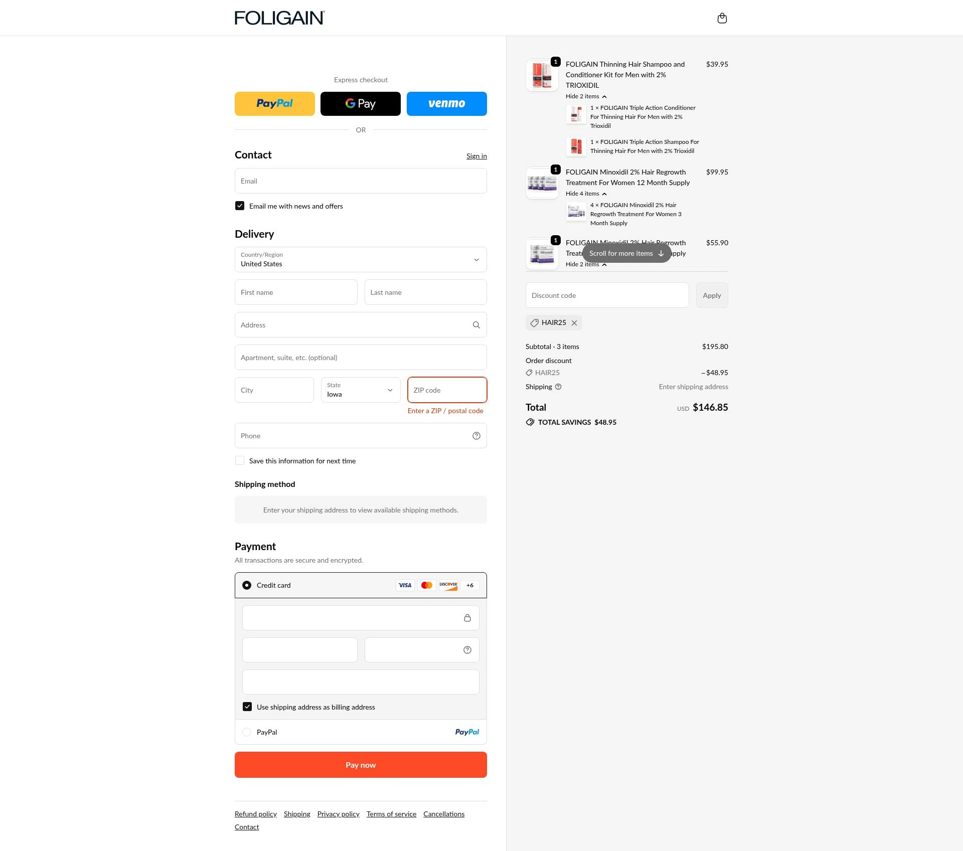 Foligain checkout page showing Foligain discount code box | Screenshot taken by SimplyCodes community member on Jan 6, 2026