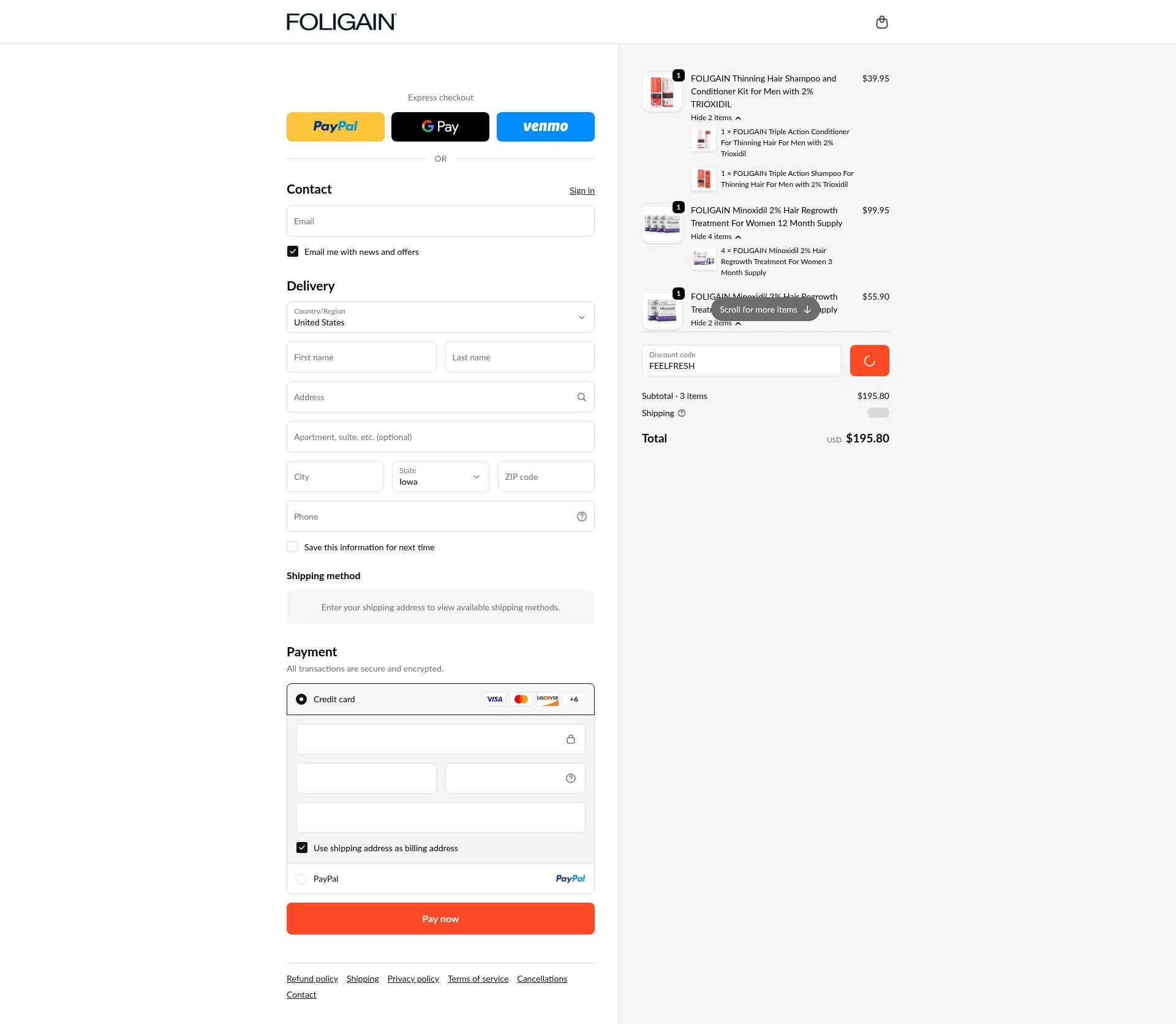 Foligain checkout page showing Foligain discount code box | Screenshot taken by SimplyCodes community member on Jan 6, 2026