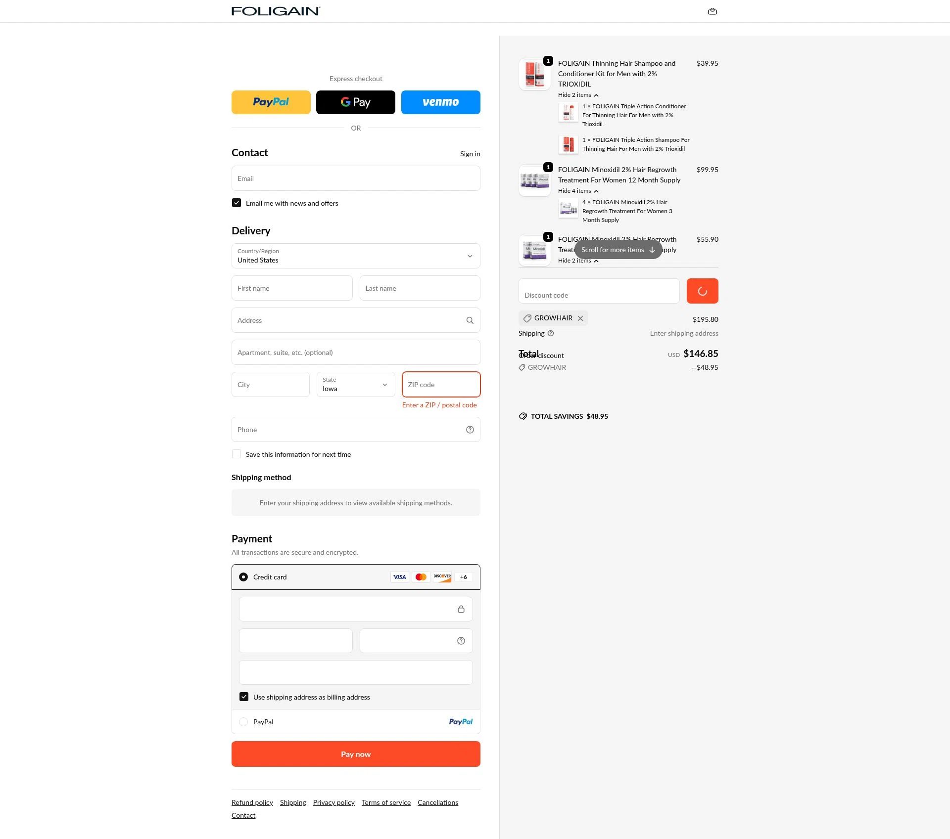 Foligain checkout page showing Foligain discount code box | Screenshot taken by SimplyCodes community member on Jan 6, 2026