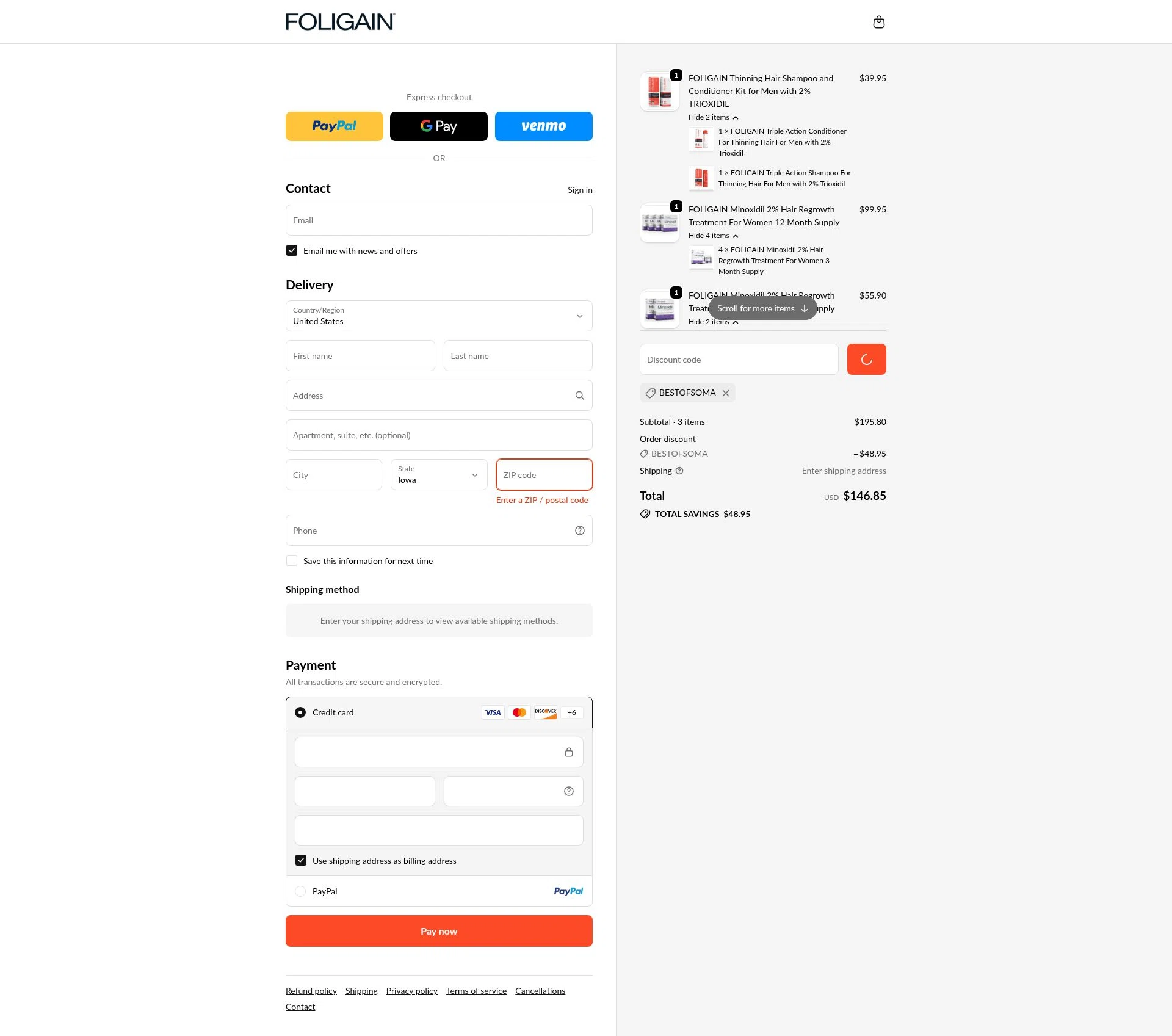 Foligain checkout page showing Foligain discount code box | Screenshot taken by SimplyCodes community member on Jan 1, 2026