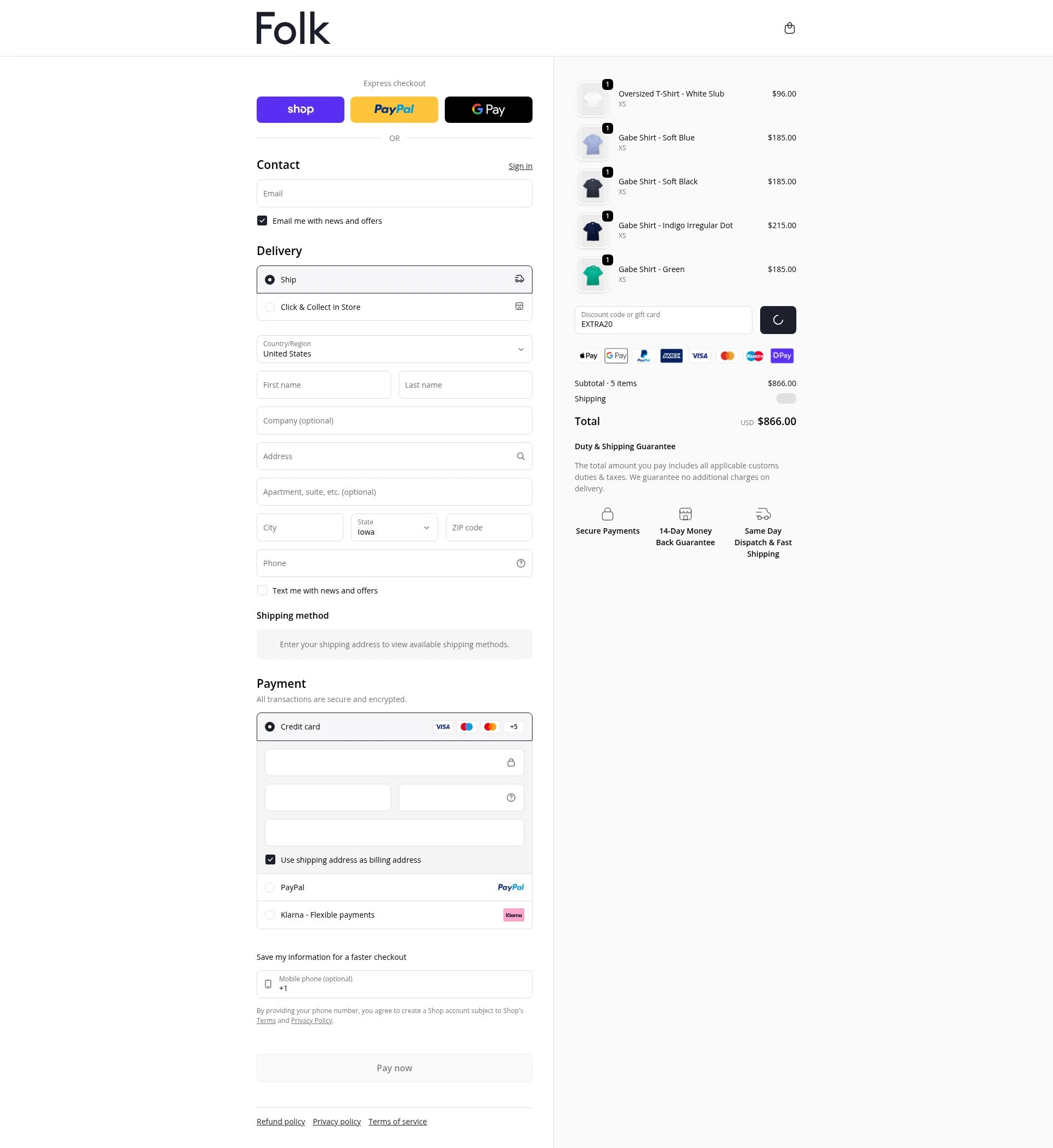 Folk Clothing checkout page showing Folk Clothing discount code box | Screenshot taken by SimplyCodes community member on Feb 15, 2026