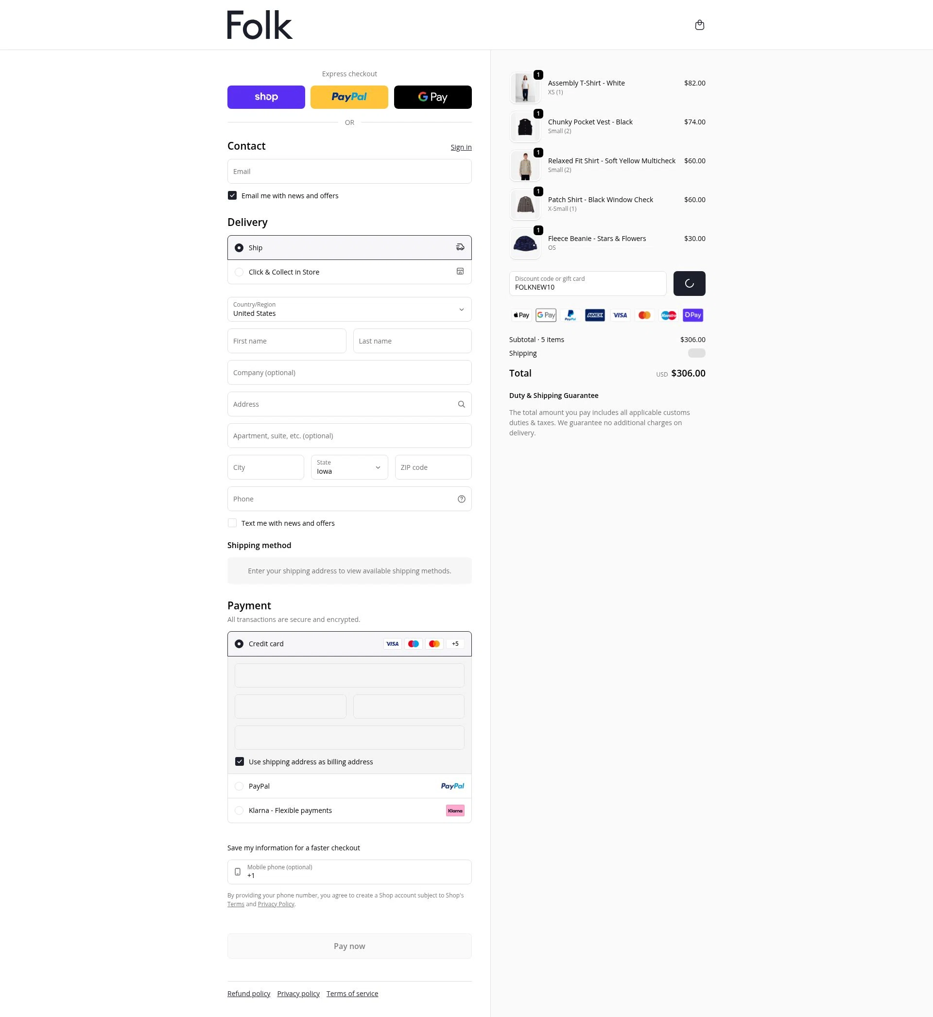Folk Clothing checkout page showing Folk Clothing discount code box | Screenshot taken by SimplyCodes community member on Feb 11, 2026