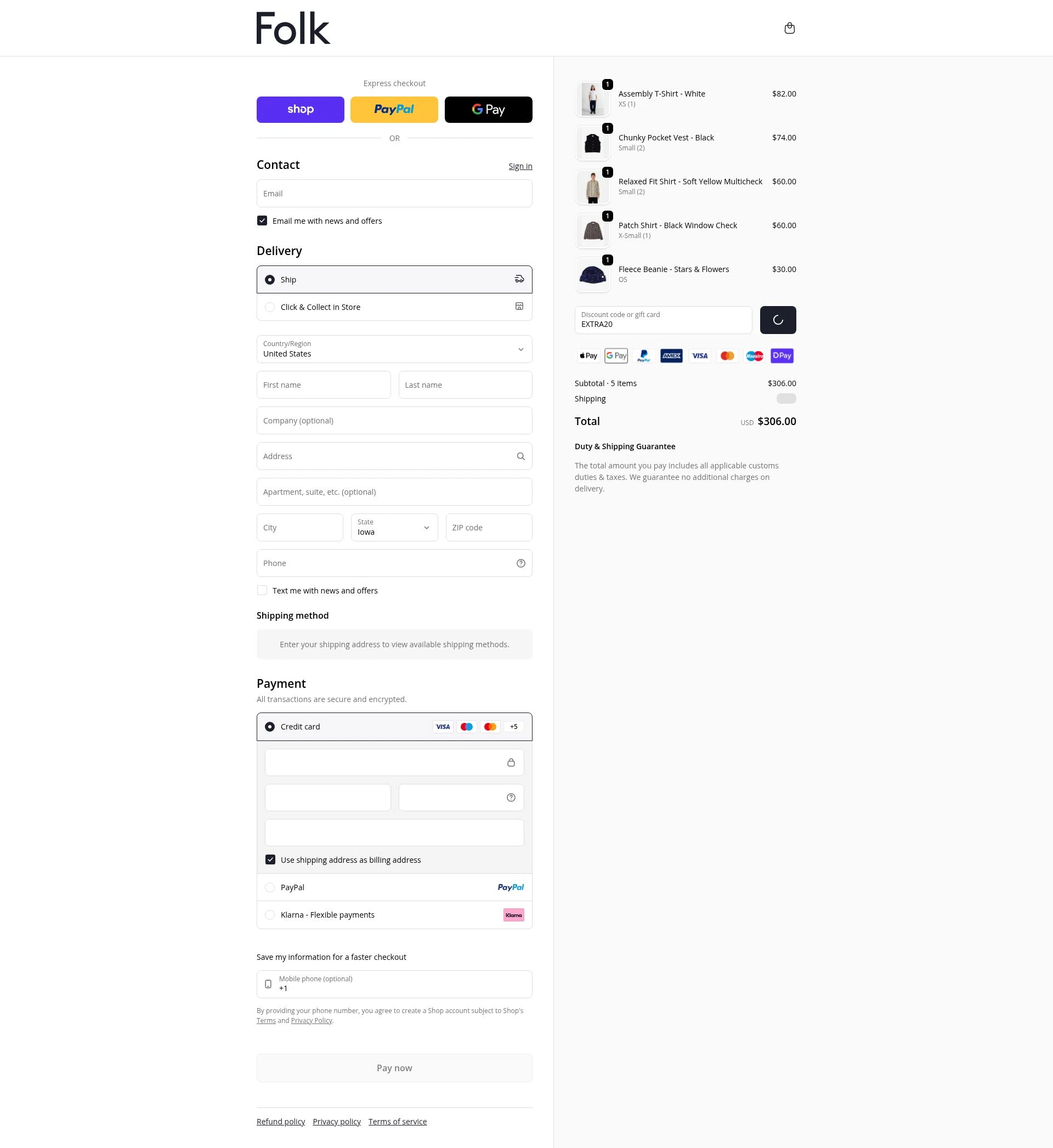 Folk Clothing checkout page showing Folk Clothing discount code box | Screenshot taken by SimplyCodes community member on Feb 11, 2026