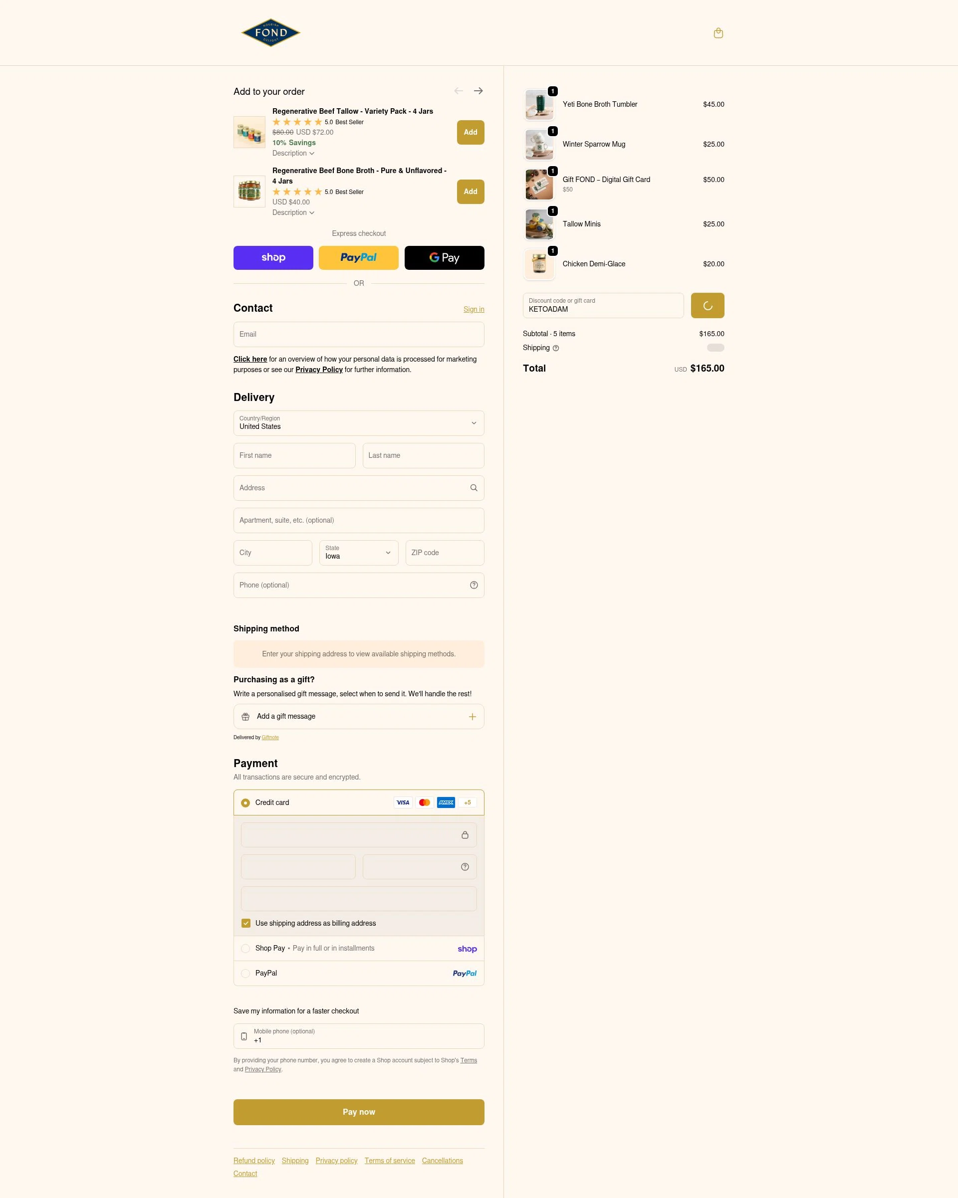 FOND Bone Broth Tonics checkout page showing FOND Bone Broth Tonics promo code box | Screenshot taken by SimplyCodes community member on Jan 31, 2026