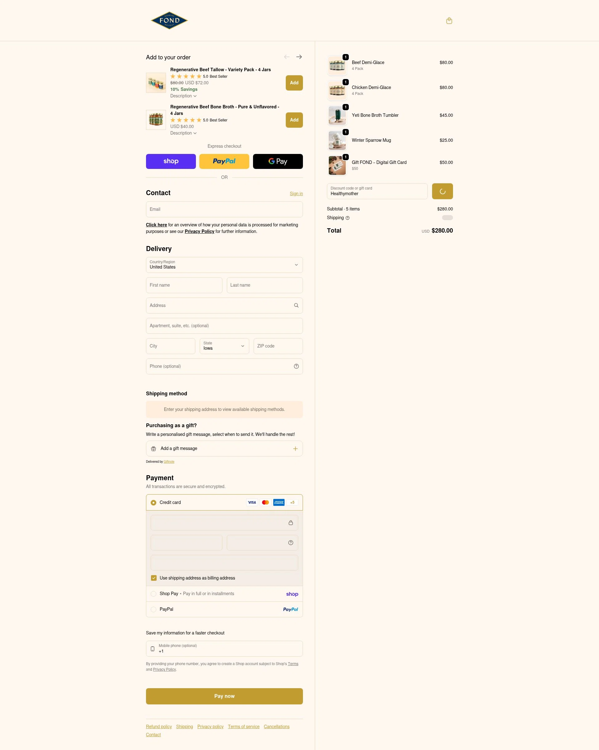 FOND Bone Broth Tonics checkout page showing FOND Bone Broth Tonics promo code box | Screenshot taken by SimplyCodes community member on Feb 4, 2026