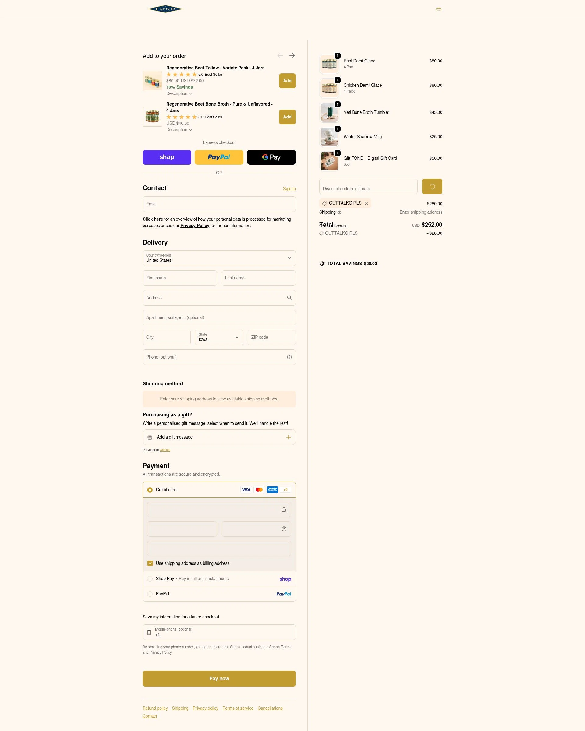 FOND Bone Broth Tonics checkout page showing FOND Bone Broth Tonics promo code box | Screenshot taken by SimplyCodes community member on Feb 4, 2026