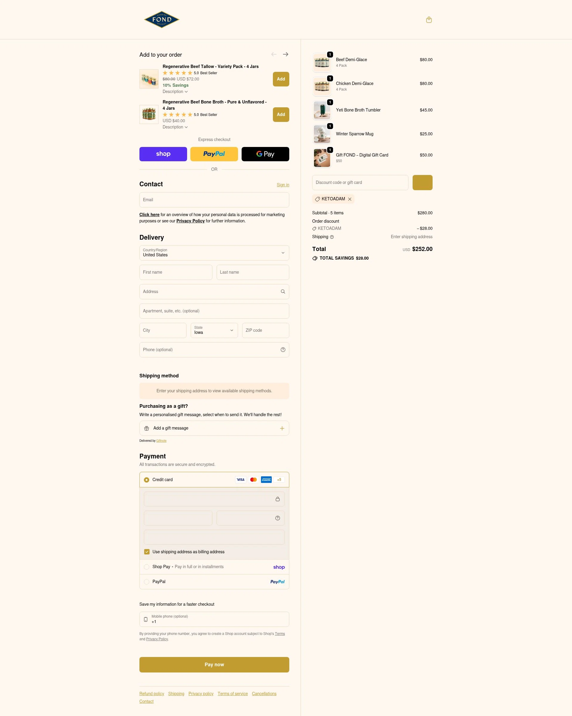 FOND Bone Broth Tonics checkout page showing FOND Bone Broth Tonics promo code box | Screenshot taken by SimplyCodes community member on Feb 4, 2026