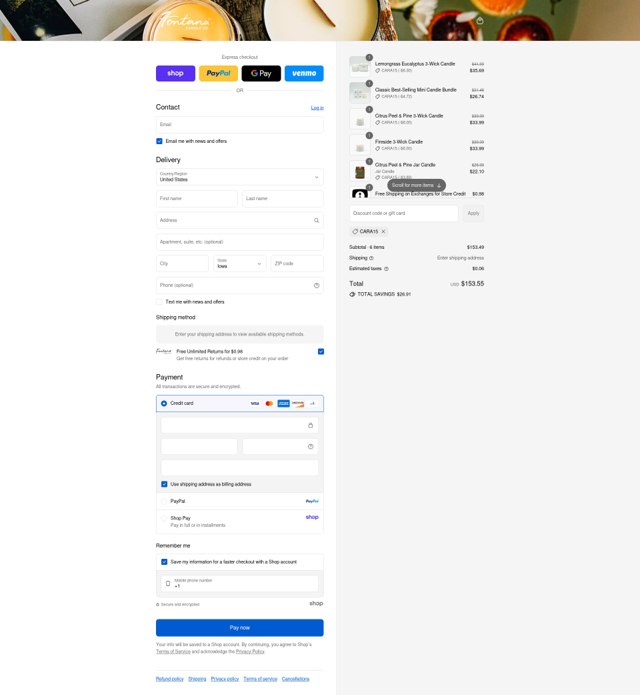 Fontana Candle Company checkout page showing Fontana Candle Company discount code box | Screenshot taken by SimplyCodes community member on Sep 4, 2025
