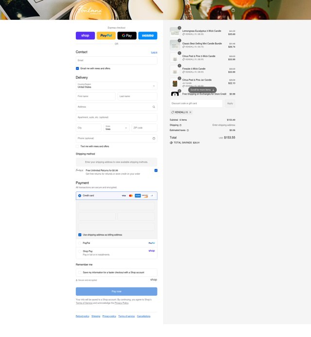 Fontana Candle Company checkout page showing Fontana Candle Company discount code box | Screenshot taken by SimplyCodes community member on Sep 4, 2025
