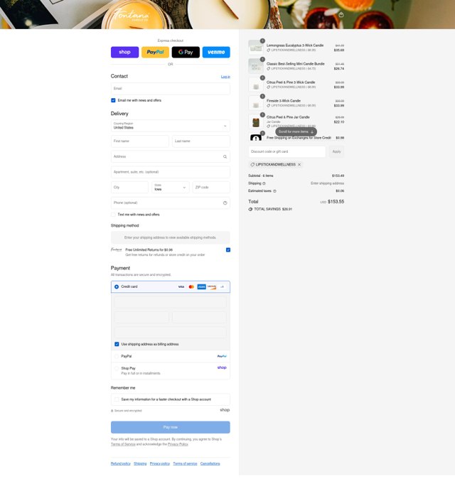 Fontana Candle Company checkout page showing Fontana Candle Company discount code box | Screenshot taken by SimplyCodes community member on Sep 4, 2025