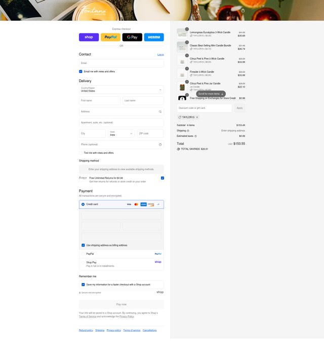 Fontana Candle Company checkout page showing Fontana Candle Company discount code box | Screenshot taken by SimplyCodes community member on Sep 4, 2025