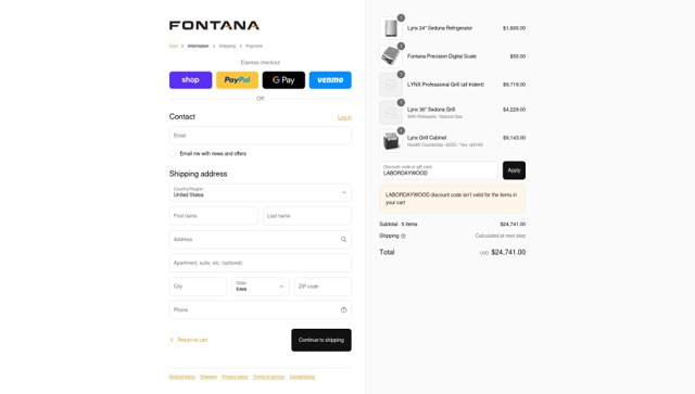 Fontana Forni USA checkout page showing Fontana Forni USA promo code box | Screenshot taken by SimplyCodes community member on Sep 7, 2025