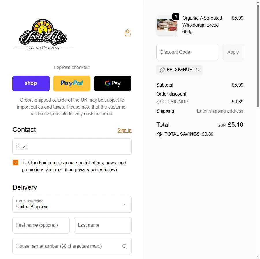 Food For Life UK checkout page showing Food For Life UK promo code box | Screenshot taken by SimplyCodes community member on Jan 9, 2026