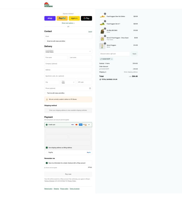 Food Huggers checkout page showing Food Huggers coupon code box | Screenshot taken by SimplyCodes community member on Sep 7, 2025