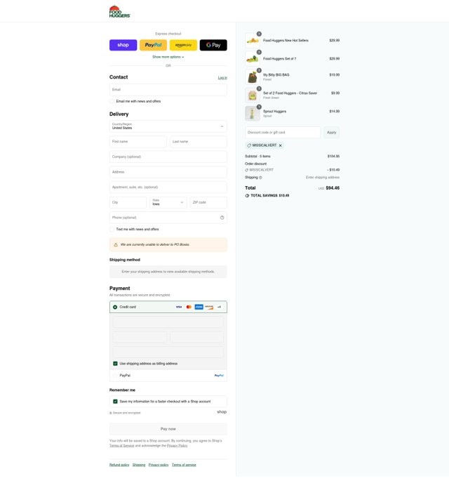 Food Huggers checkout page showing Food Huggers coupon code box | Screenshot taken by SimplyCodes community member on Sep 7, 2025