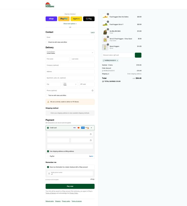Food Huggers checkout page showing Food Huggers coupon code box | Screenshot taken by SimplyCodes community member on Sep 7, 2025