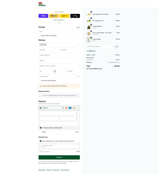 Food Huggers checkout page showing Food Huggers coupon code box | Screenshot taken by SimplyCodes community member on Sep 7, 2025