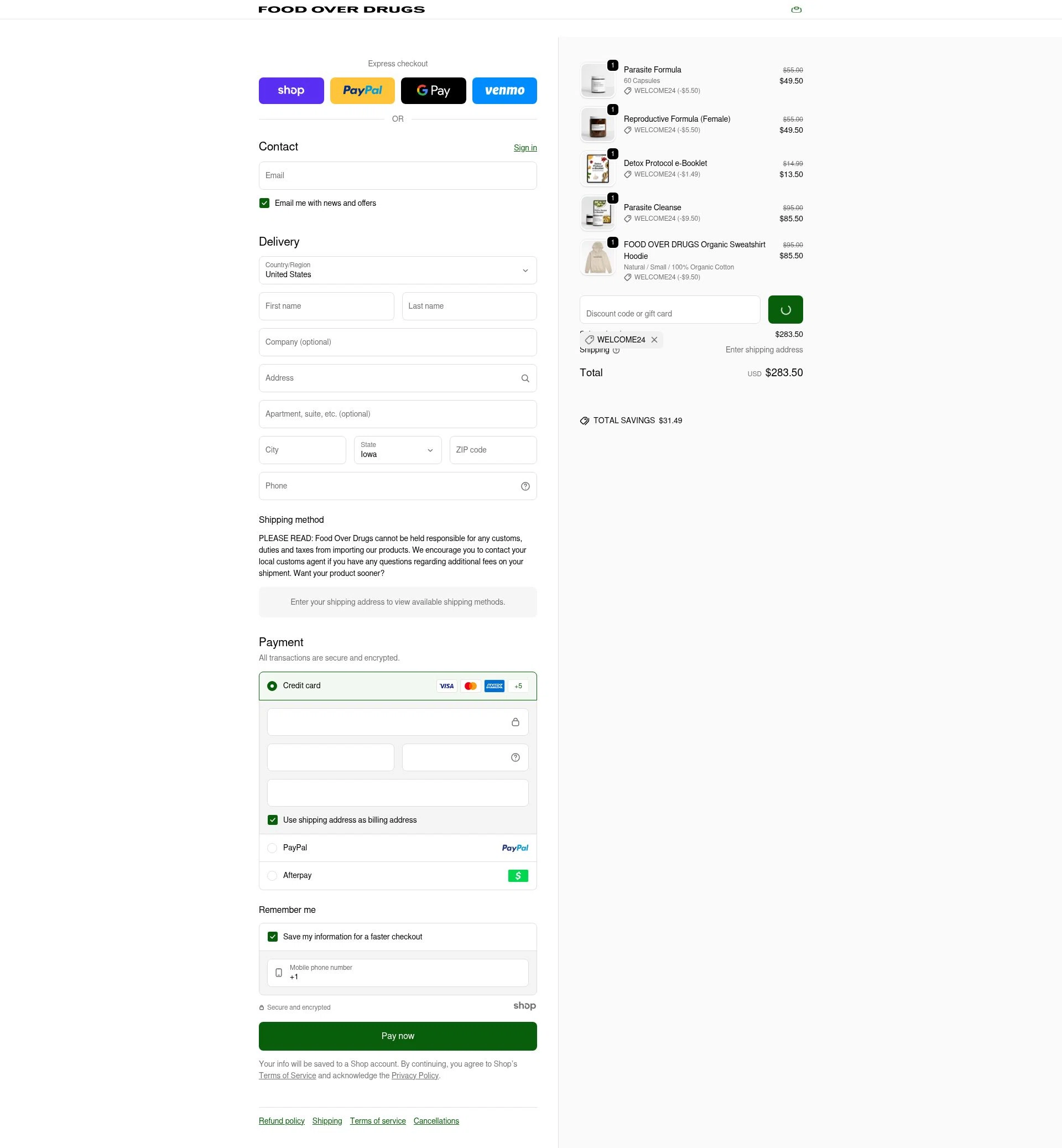 Food Over Drugs checkout page showing Food Over Drugs discount code box | Screenshot taken by SimplyCodes community member on Dec 15, 2025