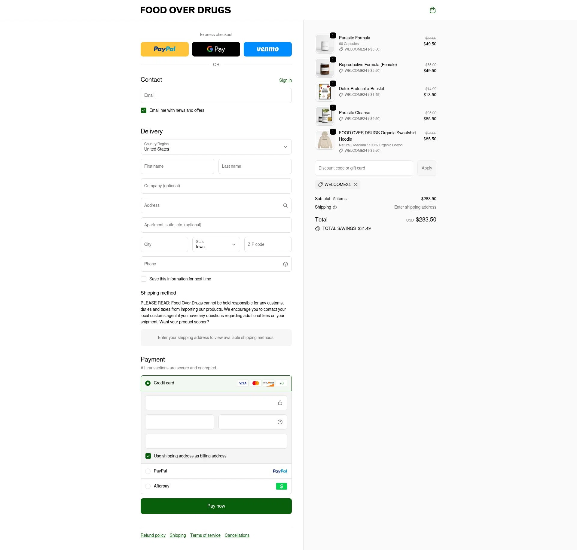 Food Over Drugs checkout page showing Food Over Drugs discount code box | Screenshot taken by SimplyCodes community member on Nov 29, 2025