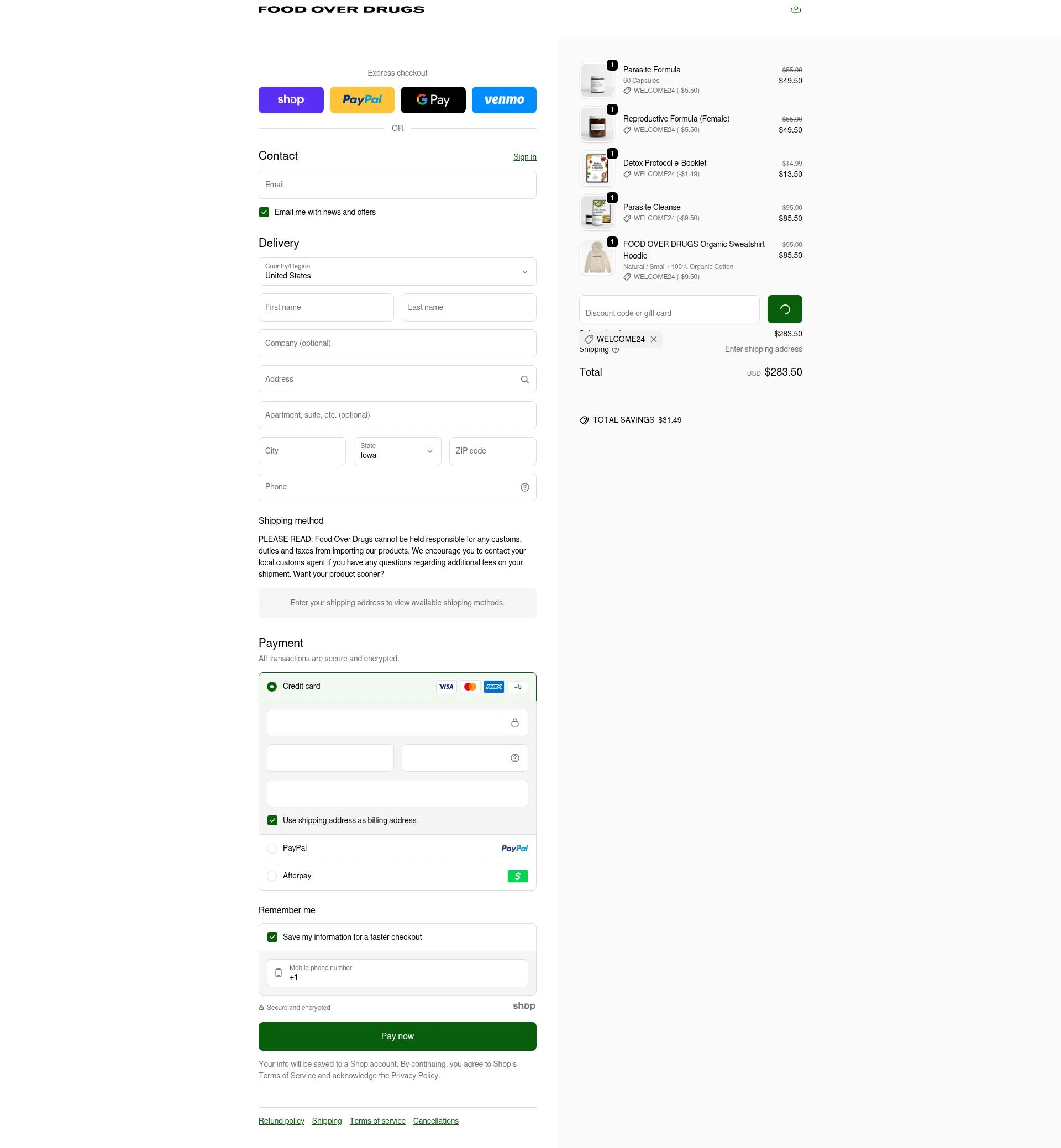 Food Over Drugs checkout page showing Food Over Drugs discount code box | Screenshot taken by SimplyCodes community member on Jan 1, 2026