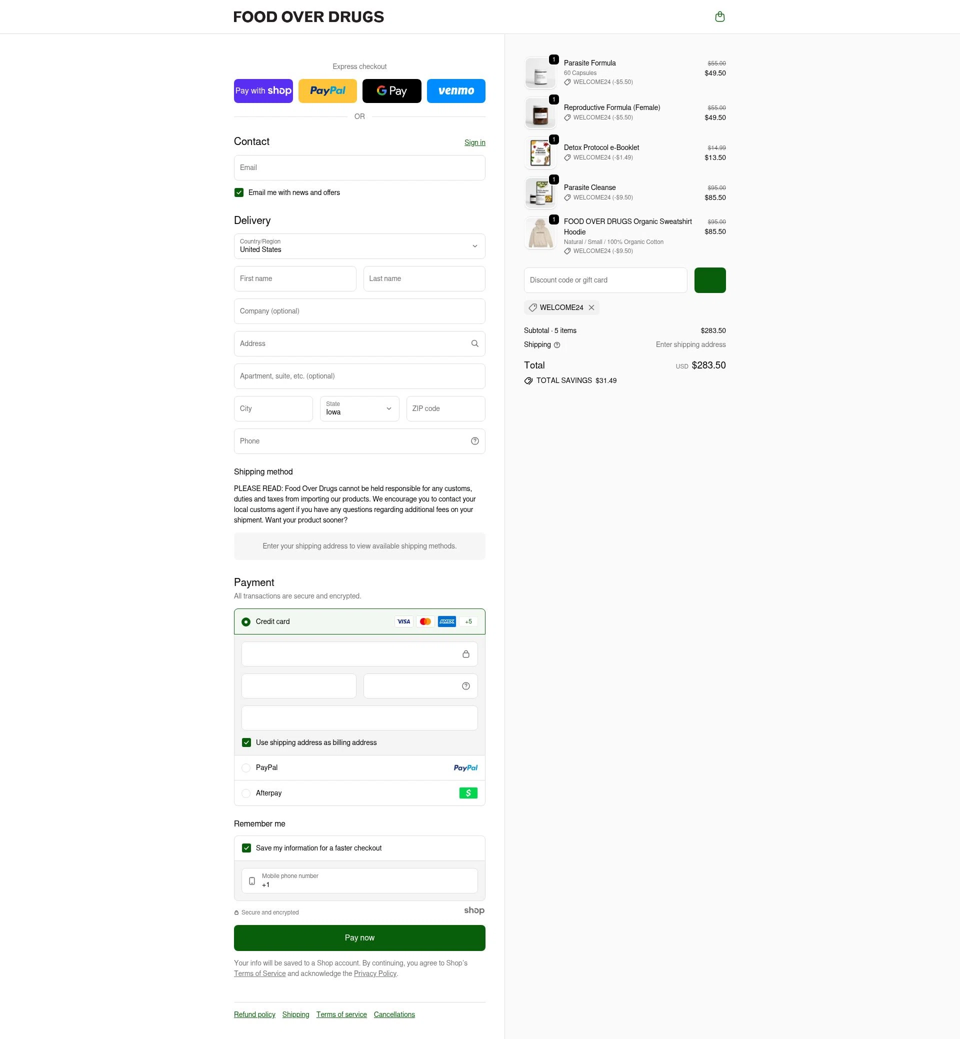 Food Over Drugs checkout page showing Food Over Drugs discount code box | Screenshot taken by SimplyCodes community member on Jan 7, 2026