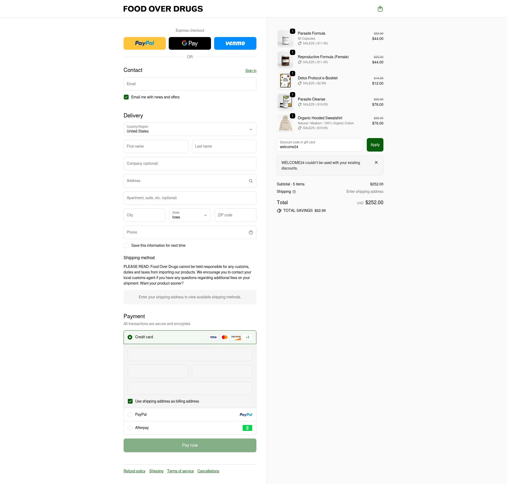 Food Over Drugs checkout page showing Food Over Drugs discount code box | Screenshot taken by SimplyCodes community member on Nov 24, 2025