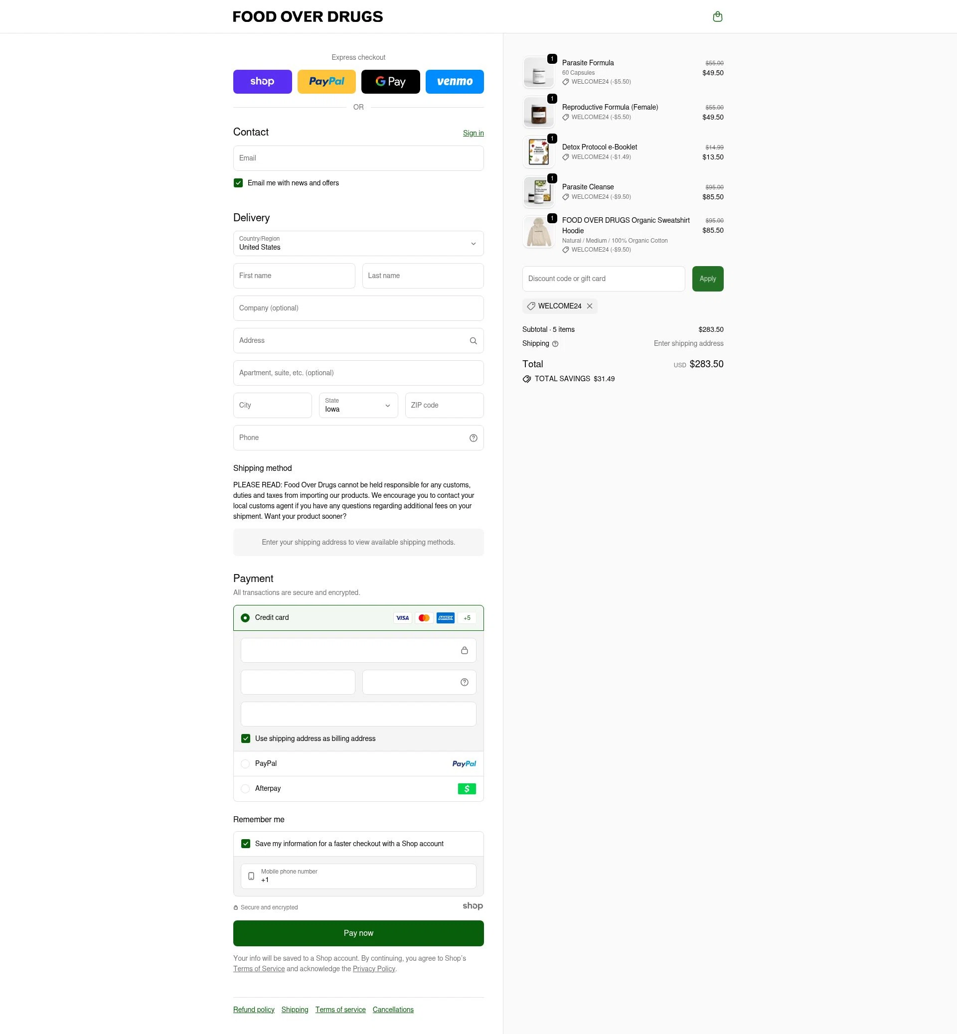 Food Over Drugs checkout page showing Food Over Drugs discount code box | Screenshot taken by SimplyCodes community member on Dec 10, 2025