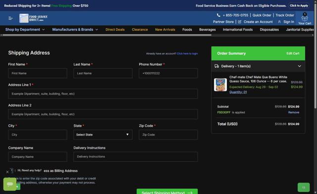 FoodServiceDirect checkout page showing FoodServiceDirect promo code box | Screenshot taken by SimplyCodes community member on Aug 27, 2025