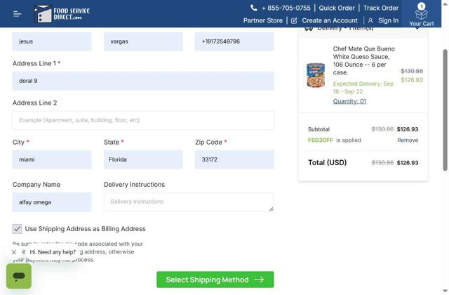 FoodServiceDirect checkout page showing FoodServiceDirect promo code box | Screenshot taken by SimplyCodes community member on Sep 16, 2025