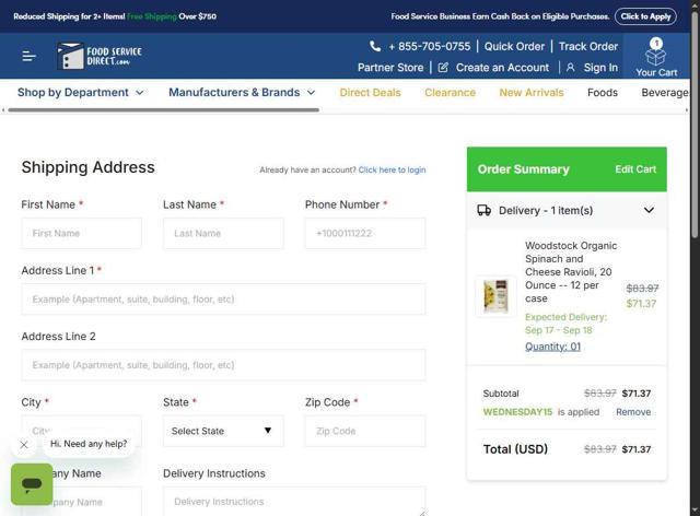 FoodServiceDirect checkout page showing FoodServiceDirect promo code box | Screenshot taken by SimplyCodes community member on Sep 12, 2025
