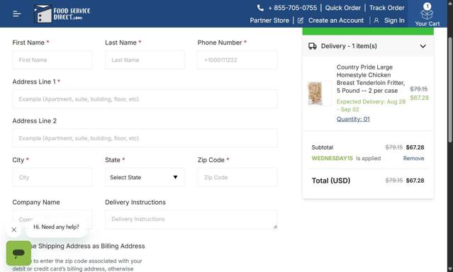 FoodServiceDirect checkout page showing FoodServiceDirect promo code box | Screenshot taken by SimplyCodes community member on Aug 26, 2025