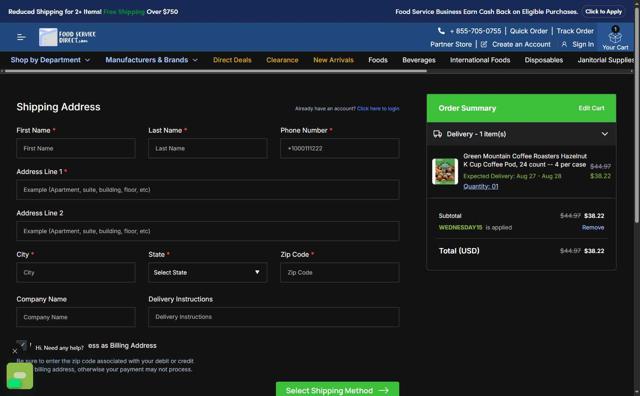 FoodServiceDirect checkout page showing FoodServiceDirect promo code box | Screenshot taken by SimplyCodes community member on Aug 23, 2025