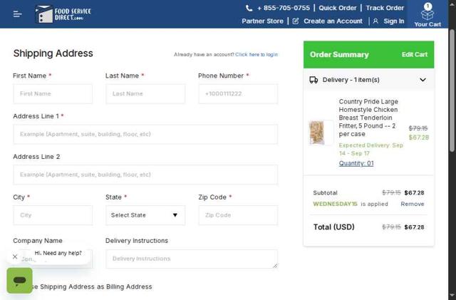 FoodServiceDirect checkout page showing FoodServiceDirect promo code box | Screenshot taken by SimplyCodes community member on Sep 12, 2025