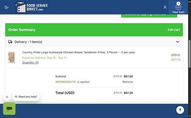 FoodServiceDirect checkout page showing FoodServiceDirect promo code box | Screenshot taken by SimplyCodes community member on Sep 6, 2025