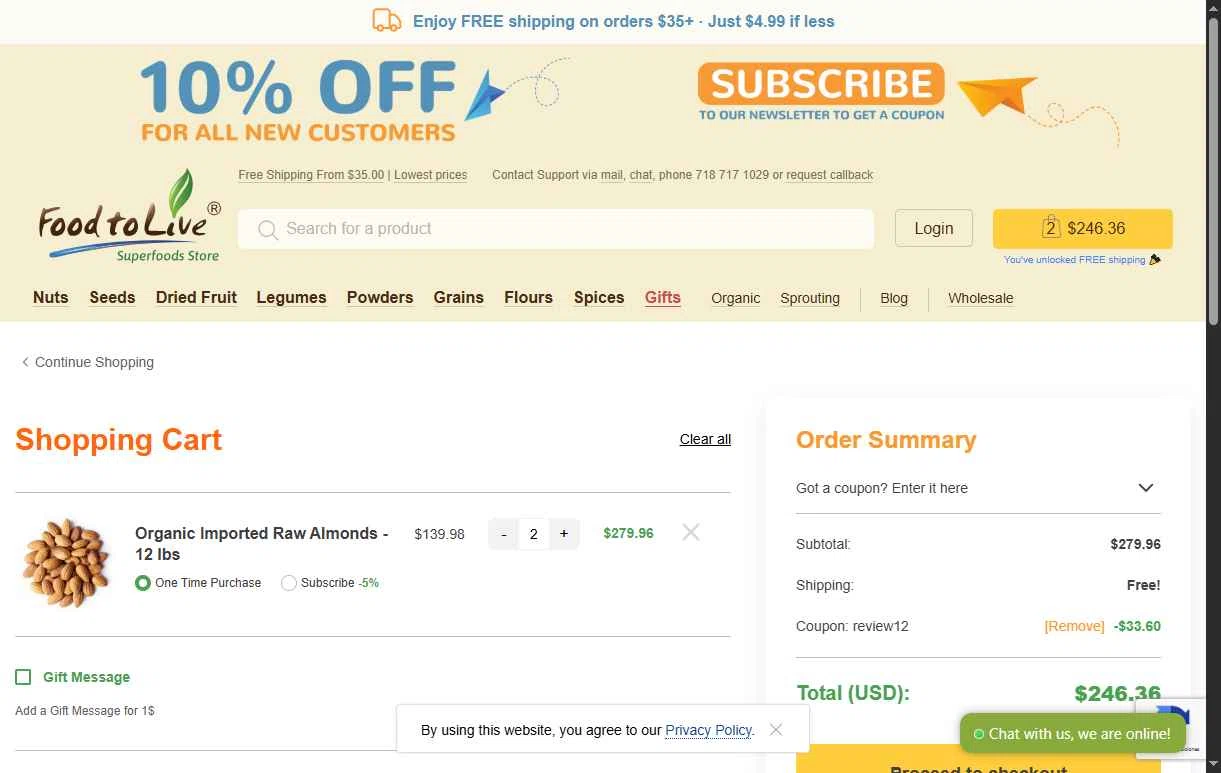 Food To Live checkout page showing Food To Live discount code box | Screenshot taken by SimplyCodes community member on Nov 15, 2025