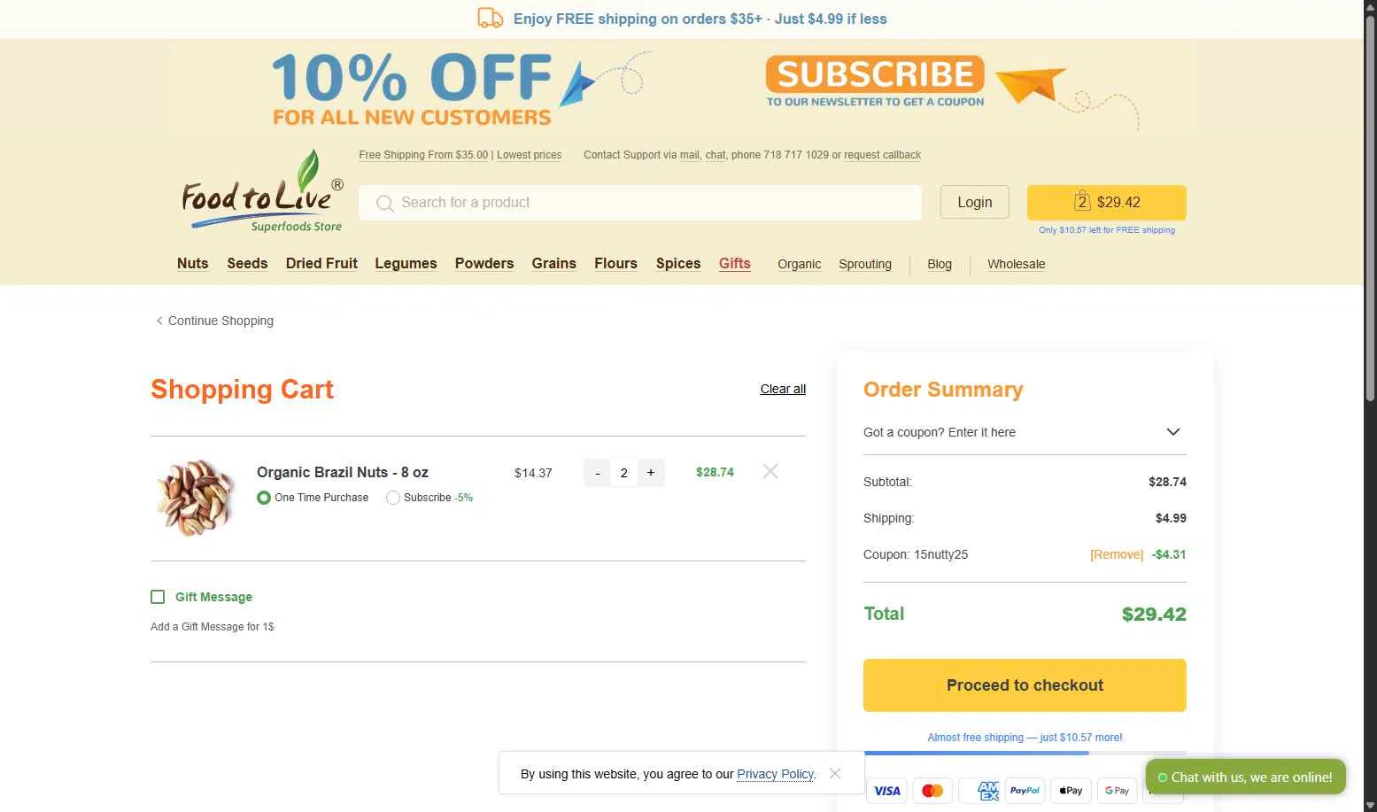 Food To Live checkout page showing Food To Live discount code box | Screenshot taken by SimplyCodes community member on Oct 20, 2025