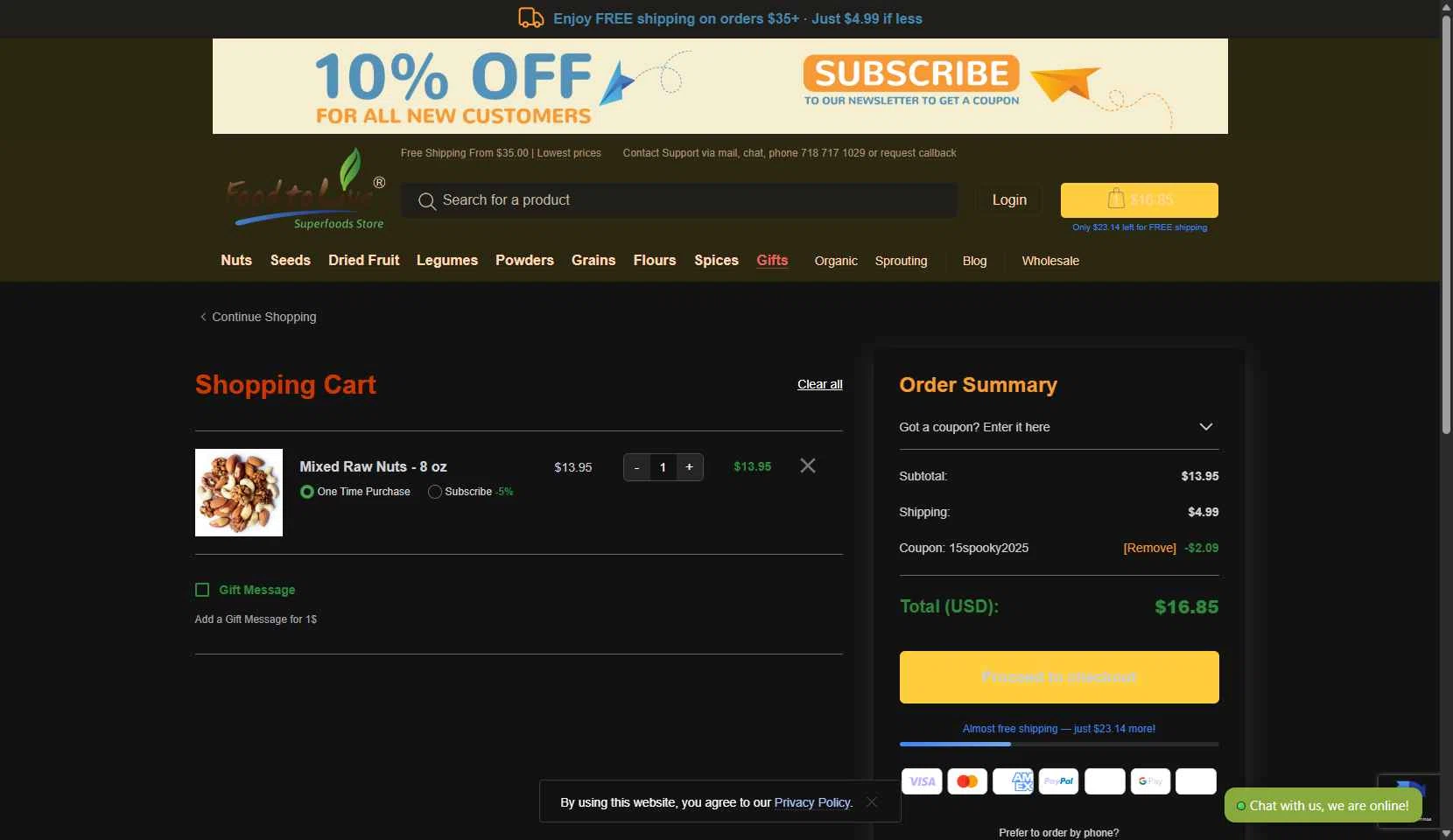 Food To Live checkout page showing Food To Live discount code box | Screenshot taken by SimplyCodes community member on Oct 30, 2025