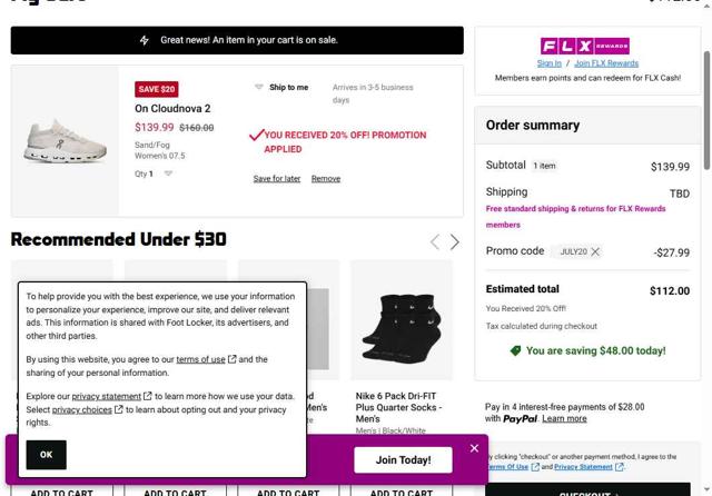 Footaction checkout page showing Footaction promo code box | Screenshot taken by SimplyCodes community member on Jul 13, 2025