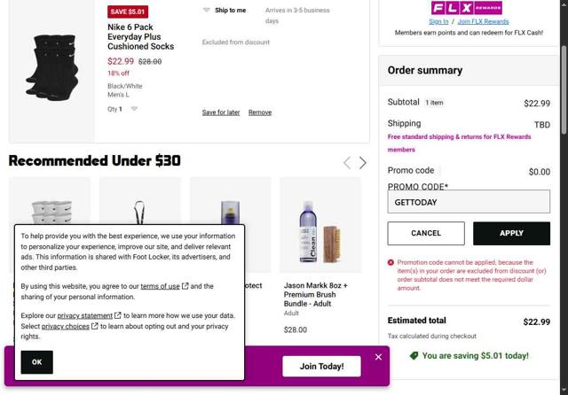 Footaction checkout page showing Footaction promo code box | Screenshot taken by SimplyCodes community member on Jun 23, 2025